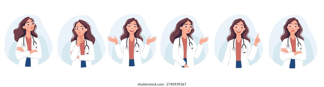 A set of flat vector illustrations. A cute female doctor in different poses and with different emotions.