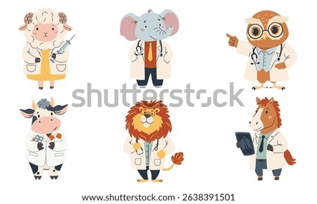 Set of flat vector illustrations. Cute animals in doctors costume. Lion elephant cow owl horse and sheep in white coats.  