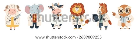 Set of flat vector illustrations. Cute animals in doctors costume. Lion elephant cow owl horse and sheep in white coats. 