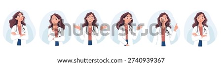 A set of flat vector illustrations. A cute female doctor in different poses and with different emotions.