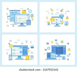Set of flat vector illustrations for Data analysis, Accounting, Analytics. Digital marketing, Social network and Media communication. SEO, Software development and Programming. Concept for websites.