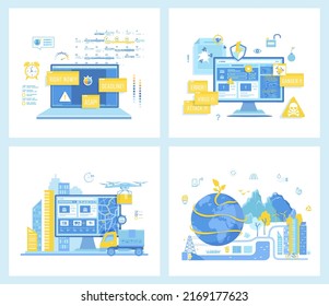 Set of flat vector illustrations for Deadline, Asap. Computer Viruses Attack. Online Express Delivery Service. Green eco city and planet ecology conservation. Concept for websites.