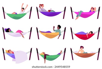 A set of flat vector illustrations depicting people lying in hammocks in different poses. Characters enjoy relaxing, sleeping, or reading. Leisure concept on isolated background.