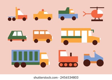 Conjunto de Ilustraciones vectoriales planas de diferentes transportes