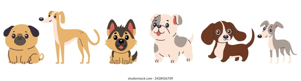 Set of flat vector illustrations of dogs of different breeds. Greyhound, chihuahua, French bulldog, pug, German shepherd, dachshund