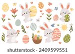 Set of flat vector illustrations for Easter day. Cute bunnies with Easter eggs, Easter basket and spring flowers 