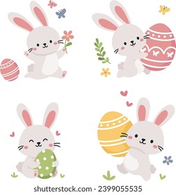 Set of flat vector illustrations for Easter holiday. Cute bunnies running with Easter eggs, grass, butterflies and flowers