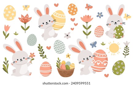 Set of flat vector illustrations for Easter day. Cute bunnies with Easter eggs, Easter basket and spring flowers 