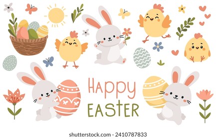 Set of flat vector illustrations for Easter day. Cute Easter bunnies, chickens, egg basket, Easter eggs, flowers and butterflies. Happy Easter inscription . Vector illustration