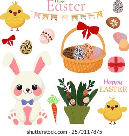 Set of flat vector illustrations for Easter day. Collection of easter cartoon characters and spring decorative elements - bunnies, eggs, chickens, flowers, busket and others