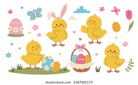 Set of flat vector illustrations for Easter day. Cute Easter bunnies, chickens, egg basket, Easter eggs, flowers and butterflies. Happy Easter inscription . Vector illustration