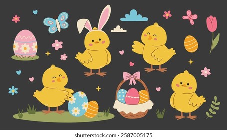 Set of flat vector illustrations for Easter day. Cute Easter bunnies, chickens, egg basket, Easter eggs, flowers and butterflies. Happy Easter inscription . Vector illustration