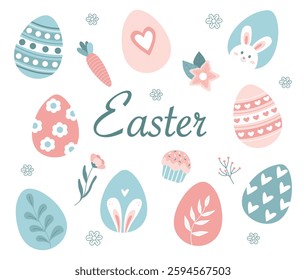 Set of flat vector illustrations for Easter day. Vector illustration.