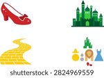 A set of flat vector illustrations featuring iconic elements from the Wizard of Oz including the emerald city, ruby slippers, and the yellow brick road