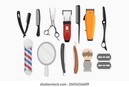 A set of flat vector illustrations featuring various barbershop tools such as scissors, razors, clippers, combs, mirror, shaving brush, and barber pole. Ideal for grooming, salon, or haircut themes