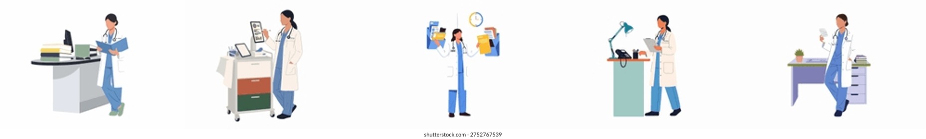 Set of flat vector illustrations featuring a professional female doctor performing various tasks in hospital and office environments.