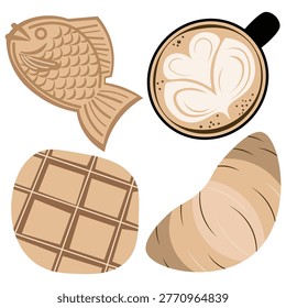 A set of flat vector illustrations featuring bakery and café-themed items, including a fish-shaped pastry, a cup of latte with latte art, a waffle, and a croissant. The design uses warm beige and brown tones, creating a cozy and inviting aesthetic suitable for food branding, menus, stickers, or packaging.