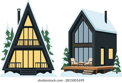 A set of flat vector illustrations featuring a warmly lit A-frame cabin and a modern house set in a snowy winter landscape. These inviting designs are ideal for seasonal real estate promotions, vacation rental graphics, and cozy winter retreat concepts.