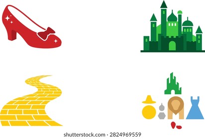 Un conjunto de Ilustraciones vectoriales planas con Elementos icónicos del Mago de Oz, incluyendo la ciudad esmeralda, zapatillas de rubí y la carretera de ladrillo amarillo