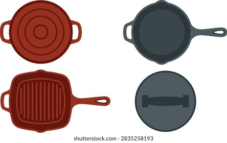 A set of flat vector illustrations featuring various cast iron cookware items including pans, a grill pan, and a pot lid viewed from above.
