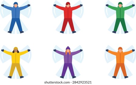 A set of flat vector illustrations featuring six diverse people in colorful winter clothing making snow angels on the ground.