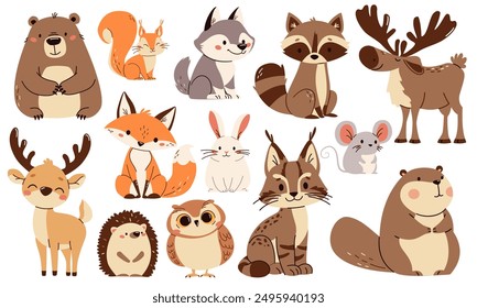 Set of flat vector illustrations. Forest animals, bear mouse hare elk deer hedgehog fox squirrel raccoon beaver lynx owl