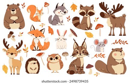 Set of flat vector illustrations. Forest animals, bear mouse hare elk deer hedgehog fox squirrel raccoon beaver lynx owl mushrooms, fall leaves 