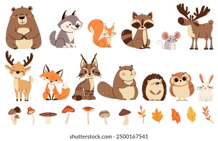 Set of flat vector illustrations. Forest animals, bear mouse hare elk deer hedgehog fox squirrel raccoon beaver lynx owl mushrooms, fall leaves 