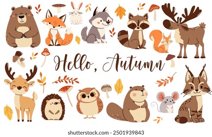 Set of flat vector illustrations. Forest animals, bear mouse hare elk deer hedgehog fox squirrel raccoon beaver lynx owl mushrooms, fall leaves. Lettering Hello, autumn