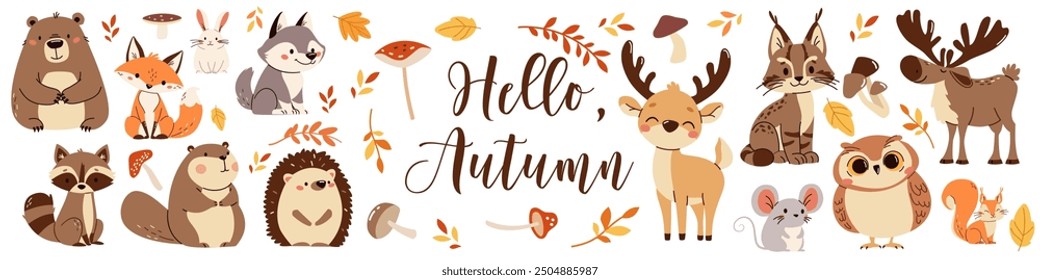 Set of flat vector illustrations. Forest animals, bear mouse hare elk deer hedgehog fox squirrel raccoon beaver lynx owl mushrooms, fall leaves. Lettering Hello, autumn