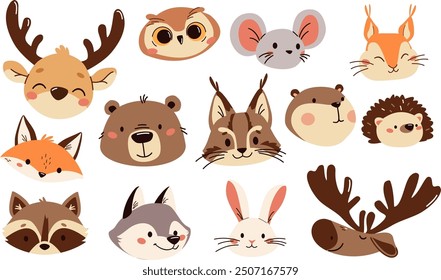 Set of flat vector illustrations. Forest animals, muzzles and faces bear mouse hare elk deer hedgehog fox squirrel raccoon beaver lynx owl