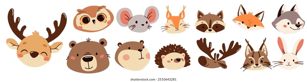 Set of flat vector illustrations. Forest animals, muzzles and faces bear mouse hare elk deer hedgehog fox squirrel raccoon beaver lynx owl