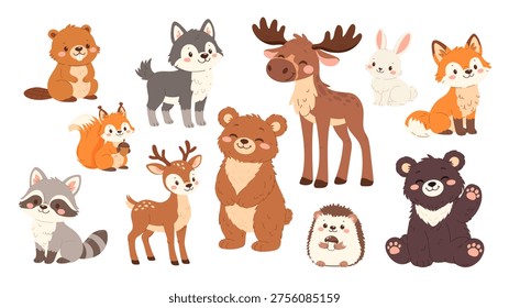 Set of flat vector illustrations. Forest animals, bear hare moose deer hedgehog fox squirrel raccoon beaver wolf