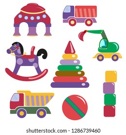 Set of flat vector illustrations. Gentle colored toys for little babies: excavator, UFO, pyramid, ball, horse, trucks and cubes. 