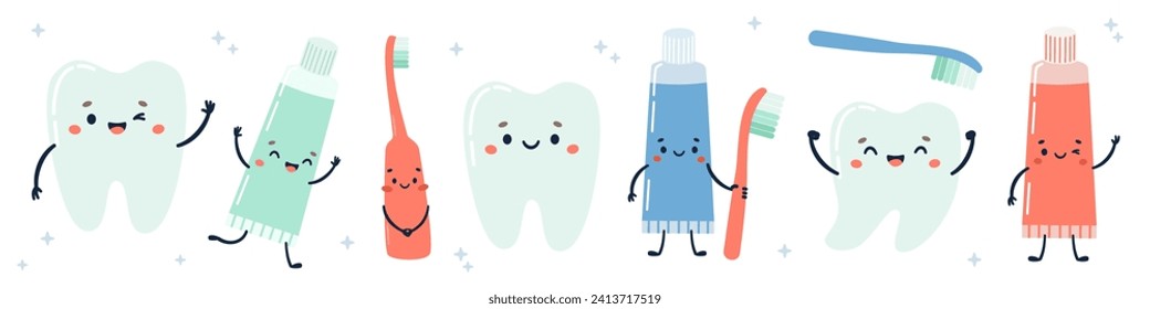 Set of flat vector illustrations. Happy healthy teeth, earth brushes, electric toothbrush, toothpaste. Oral hygiene items holding hands 