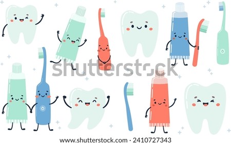Set of flat vector illustrations. Happy healthy teeth, earth brushes, electric toothbrush, toothpaste. Oral hygiene items holding hands 