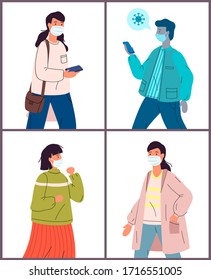 Set of flat vector illustrations with healthy and unhealthy people in medical masks. Viral pandemic protection from virus. Web icons with infected young woman and men, carrier virus in masks. Covid-19