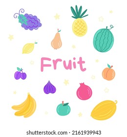 Set of flat vector illustrations of healthy fruit food. Natural organic food. Fresh vitamin products. Isolated on white background