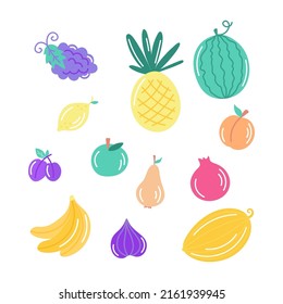 Set von flachen Vektorgrafiken von gesundem Obst Essen. Natürliche ökologische Lebensmittel. Frisches Vitaminprodukt. Einzeln auf weißem Hintergrund