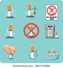Set of flat vector illustrations highlighting anti-smoking concepts, including cigarette butts, no smoking sign, trash bin disposal, ashtray, and quit smoking health symbols isolated on a light blue b