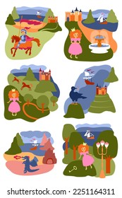 Set of flat vector illustrations with landscapes and cute cartoon characters. Princess, Knight, dragon, castles, sailboats. Cards, posters, flyers, websites, print, children's clothing and tableware
