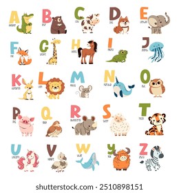 Conjunto de Ilustraciones vectoriales planas y letras del alfabeto. Alfabeto colorido y animales en la primera letra. Estilo de los niños y el fondo blanco 