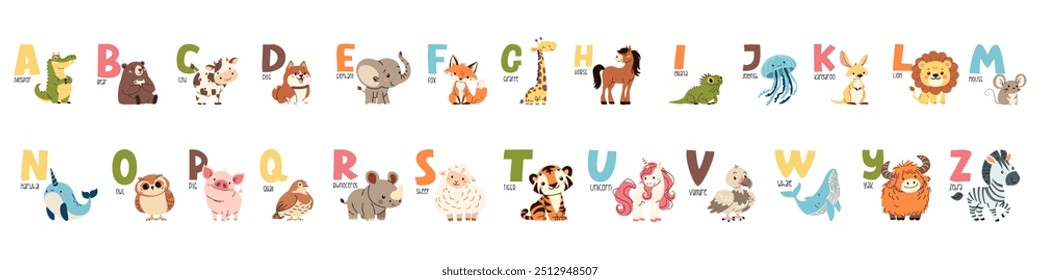 Set of flat vector illustrations and letters of the alphabet. Colorful alphabet and animals on the first letter. Children's style and white background 