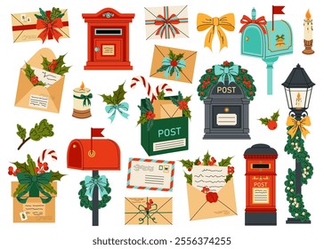 Set of flat vector illustrations of mailbox, letters with envelopes, street lamp, fir wreath. Christmas mail. For postcards, posters, packaging, mailing design.