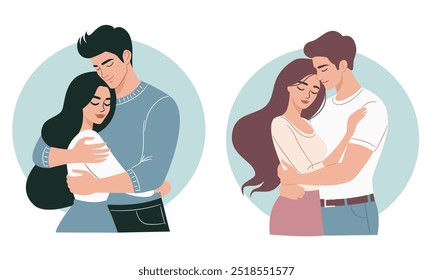 Conjunto de ilustrações de vetor planas. Homem e mulher abraçando-se e amando-se