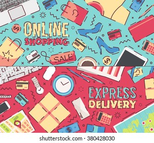 Set of flat vector illustrations of modern business office and workspace. Concept for online shopping, delivery service