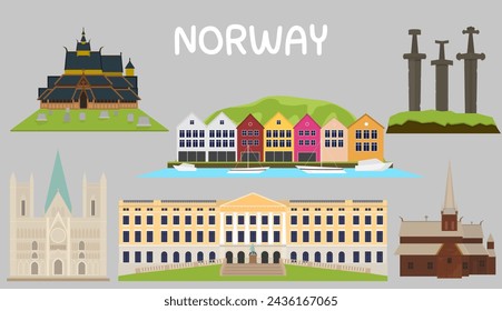 Conjunto de ilustraciones vectoriales planas de los puntos de referencia de Noruega. Lindo estilo de dibujos animados, colores brillantes