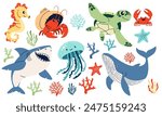 Set of flat vector illustrations on the theme of marine inhabitants. Cute shark crab crayfish hermit jellyfish turtle seahorse sea stars and corals. 