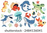 Set of flat vector illustrations on the theme of marine inhabitants. Cute shark crab crayfish hermit jellyfish turtle seahorse sea stars and corals dolphin fish 