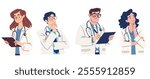 Set of flat vector illustrations on medical theme. Male and female doctors in pensive poses and with a notebook